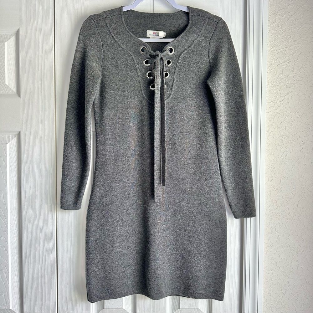 Vineyard Vines Sweater Dress Womens XS 100% Merino Wool Gray Lace Up Grommet